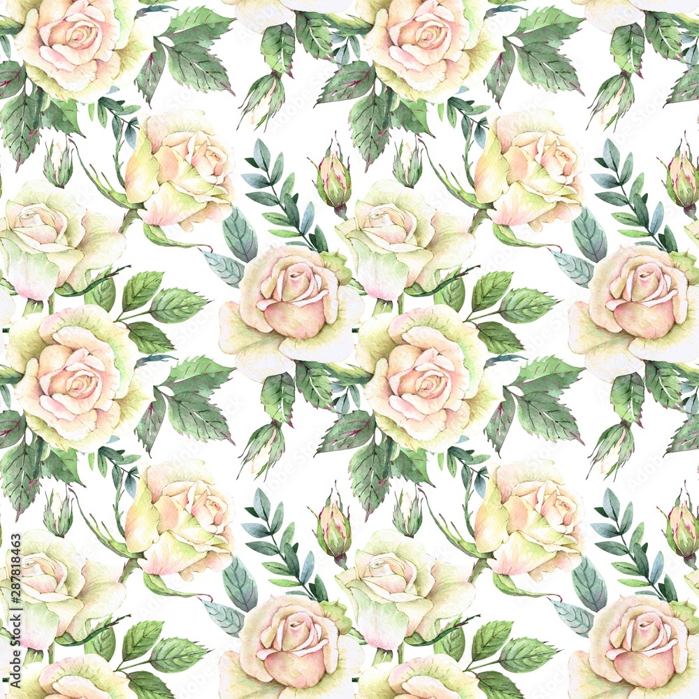 pattern bouquet of white roses with leaves and bud, watercolor drawing on a white background pattern bouquet of white roses with leaves and bud, watercolor drawing on a white background