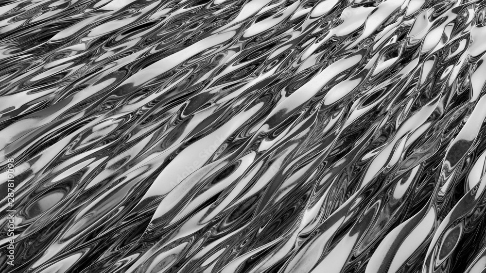 Silver background. Aluminum surface. Ornate modern chrome shape Silver background. Aluminum surface. Ornate modern chrome shape