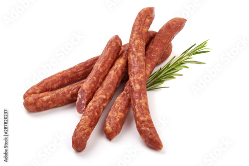 Dry smoked Sausages, isolated on white background