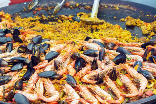 Spanish dish paella closeup cooking