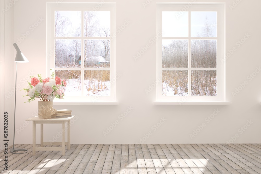 Mock up of empty room in white color with winter landscape in window. Scandinavian interior design. 3D illustration Mock up of empty room in white color with winter landscape in window. Scandinavian interior design. 3D illustration