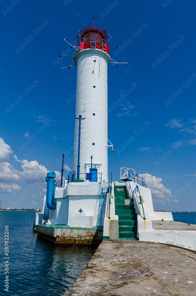 Seascape with lighthouse on the Black Sea in Odesa during the summer season