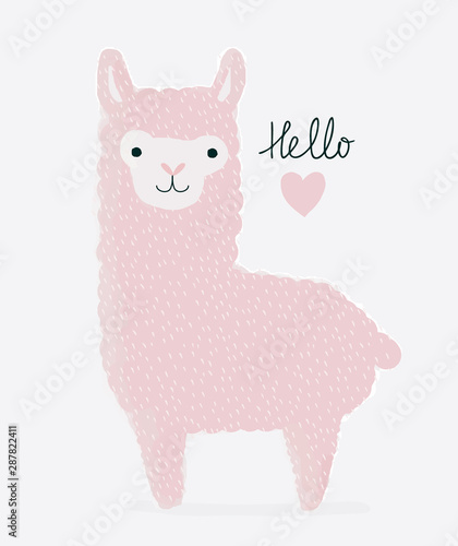 Hello Love. Sweet Nursery Vector Art with Cute Hand Drawn Pink Llama and Heart. Childish Style Illustration Ideal for Card, Wall Art, Invitation, Poster, Baby Room Decoration.