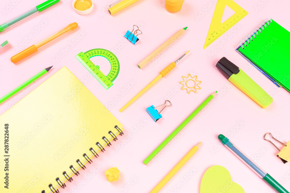 School stationery on color background. Back to school creative Image with text place School stationery on color background. Back to school creative Image with text place