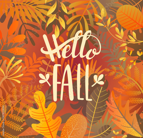 Hello fall greeting banner on jungle background with tropical leaves. Welcome autumn banner. Invitation to new harvest season. Template for poster design, prints, flyers. Vector illustration.