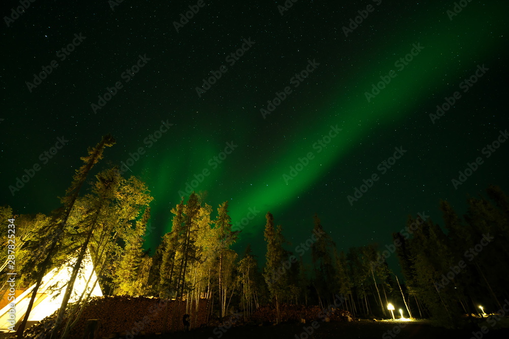 Yellowknife,Canada-August, 2019: Aurora borealis or Northern lights observed in Yellowknife, Canada, on August, 2019