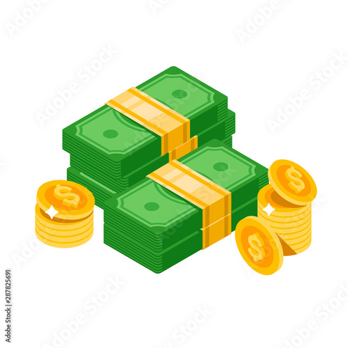 Isometric dollars bundles, isolated. Dollars and coins. Vector isometric money icon on a white background. Money flat icon in isometric style. Money illustration of wealth and condition.