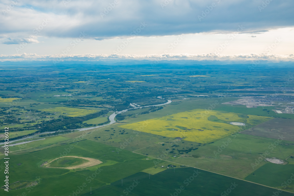Aerial view of the Calgary rural landscape with Bow River