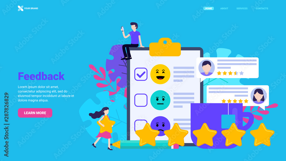 Naklejka premium Customer feedback, testimonials, user review illustration fo landing page, hero image, web site design, banner. Rate the app, product or service concept. Flat vector illustration with tiny characters.