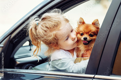 Young pretty girl with cute fluffy dog sitting in car looking trough the window © matilda553