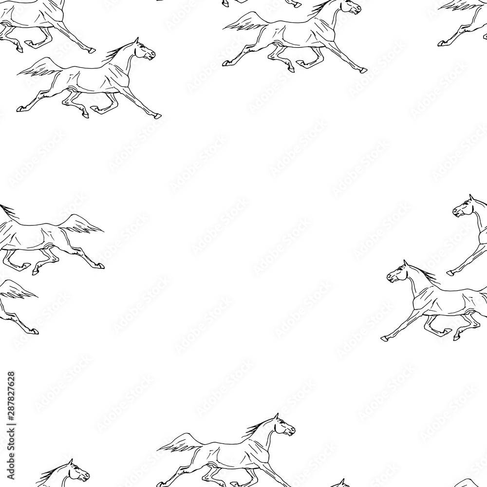 vector seamless monochrome background,black outline of a running horse on a white background, ink drawing, silhouettes and contours 