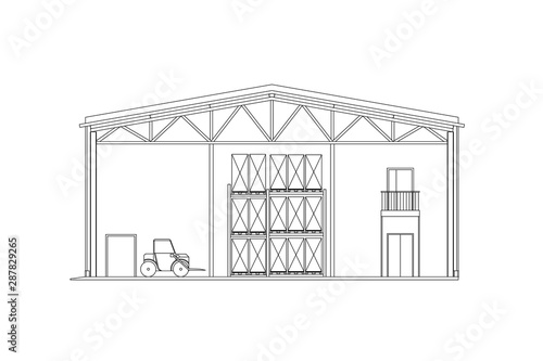 Modern warehouse with forklift. Cross-section storage. Vector blueprint. Architectural background.