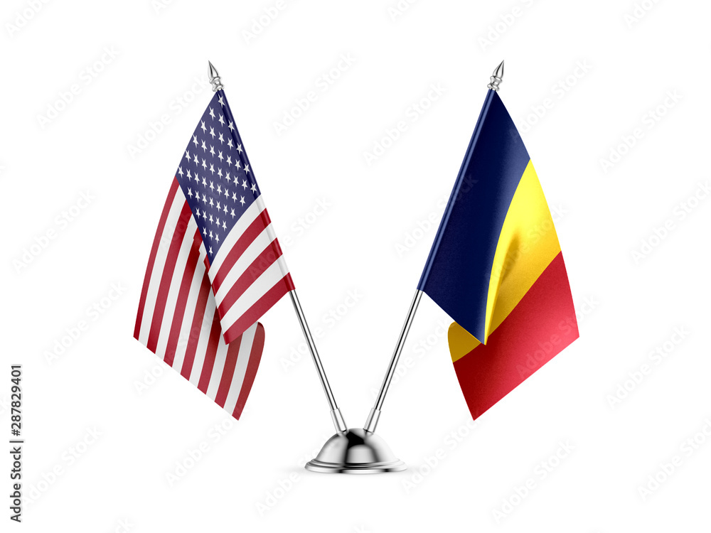 Desk flags, United States America and Chad, isolated on white background. 3d image