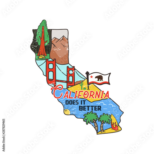 Vintage California map badge with tourist attractions. Retro style US state patch concept, print for t-shirt and other uses. Included quote saying - Cali does it better. Stock vector isolated