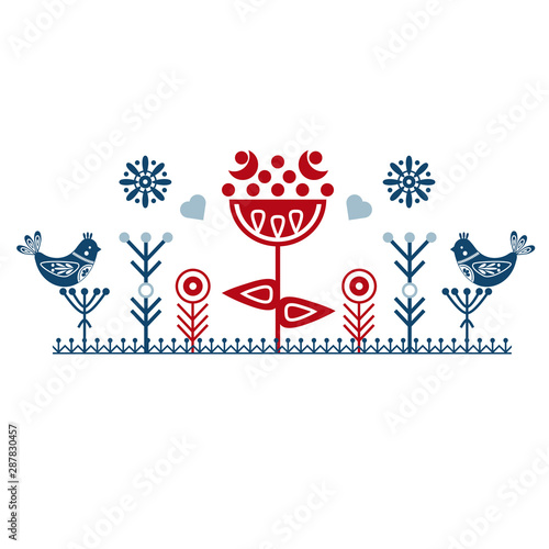 Folk art vector ornament with birds, hearts, and flowers. Scandinavian design.