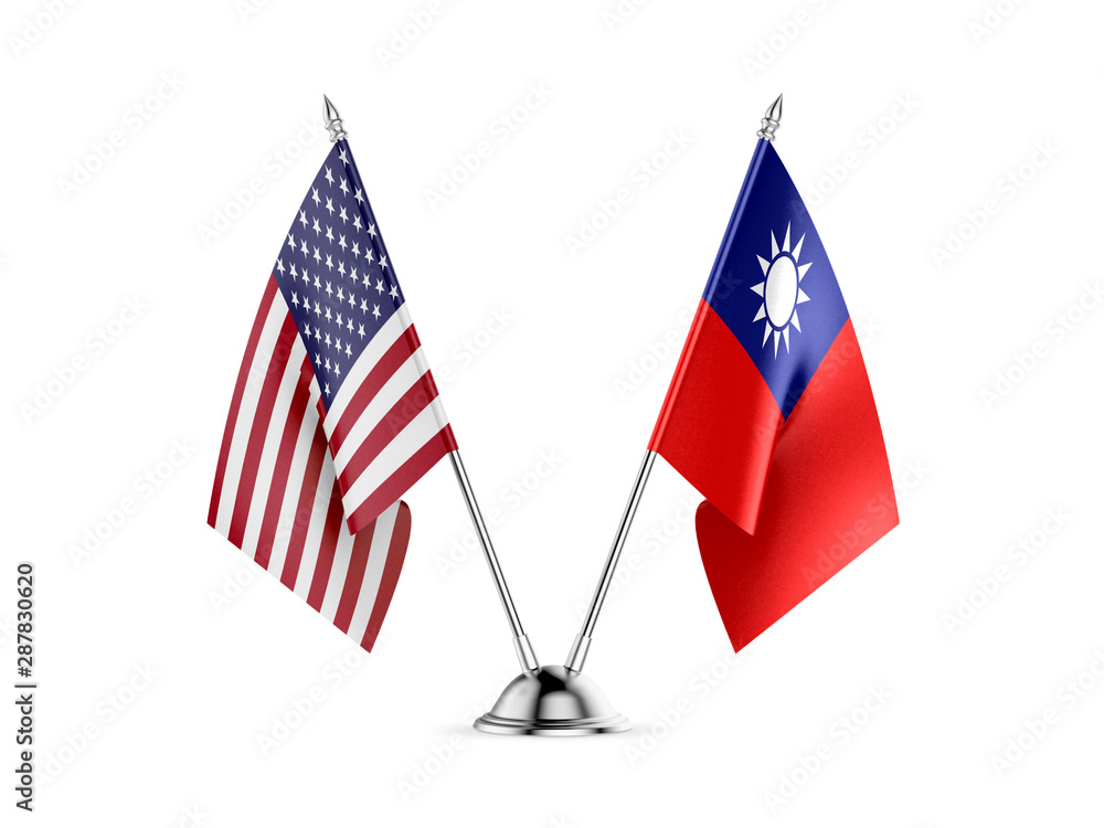 Desk flags, United States America and Taiwan, isolated on white background. 3d image.