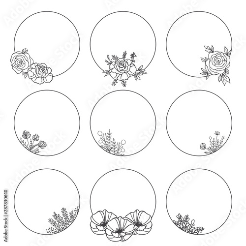 Hand Drawn Collection of Round Floral Frame. Herbs and Flowers Frame with place for text
