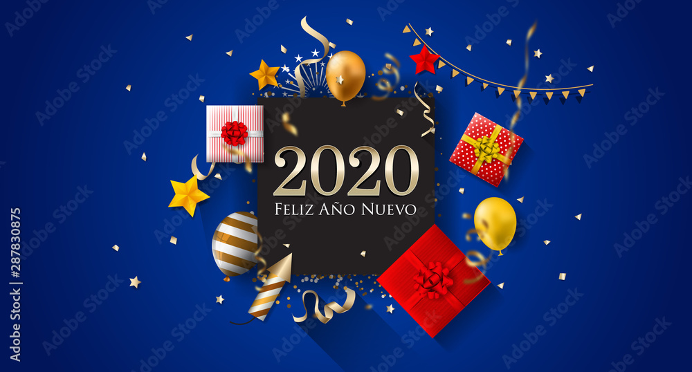 Naklejka premium 2020 New Year Spanish greeting card (Feliz Año Nuevo 2020). Spanish 2020 New Year Version. Spanish 2020 Happy New Year background Version.