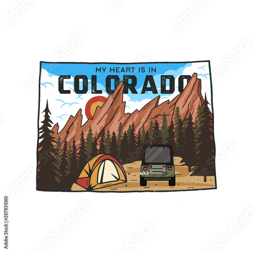 Vintage Colorado camp badge with tourist attractions. Retro style US state patch concept, print for t-shirt and other uses. Included quote saying - My heart is in Colorado . Stock vector isolated