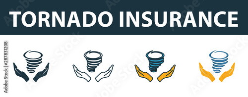 Tornado Insurance icon set. Four elements in diferent styles from insurance icons collection. Creative tornado insurance icons filled, outline, colored and flat symbols