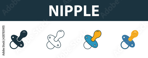 Nipple icon set. Four elements in diferent styles from baby things icons collection. Creative nipple icons filled, outline, colored and flat symbols
