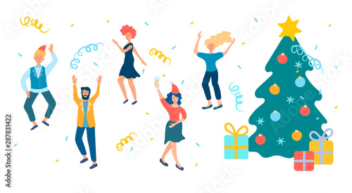 New year celebration, cheerful company dancing near the Christmas tree