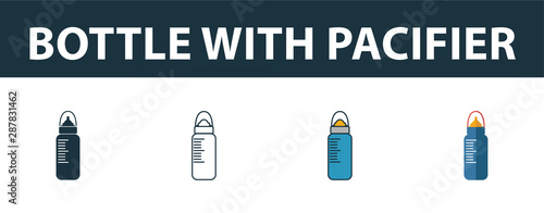 Bottle With Pacifier icon set. Four elements in diferent styles from baby things icons collection. Creative bottle with pacifier icons filled, outline, colored and flat symbols