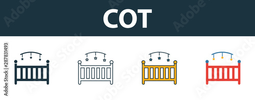 Cot icon set. Four elements in diferent styles from baby things icons collection. Creative cot icons filled, outline, colored and flat symbols