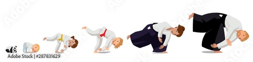 Family practicing Aikido. Colorful vector flat illustration. Suitable for oriental martial arts such as aikido, judo, karate, jiu-jitsu, budo