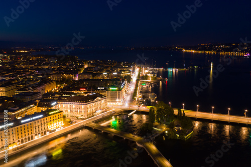 Aerial  night view of Geneva city water fountain in Switzerland © Samuel B.