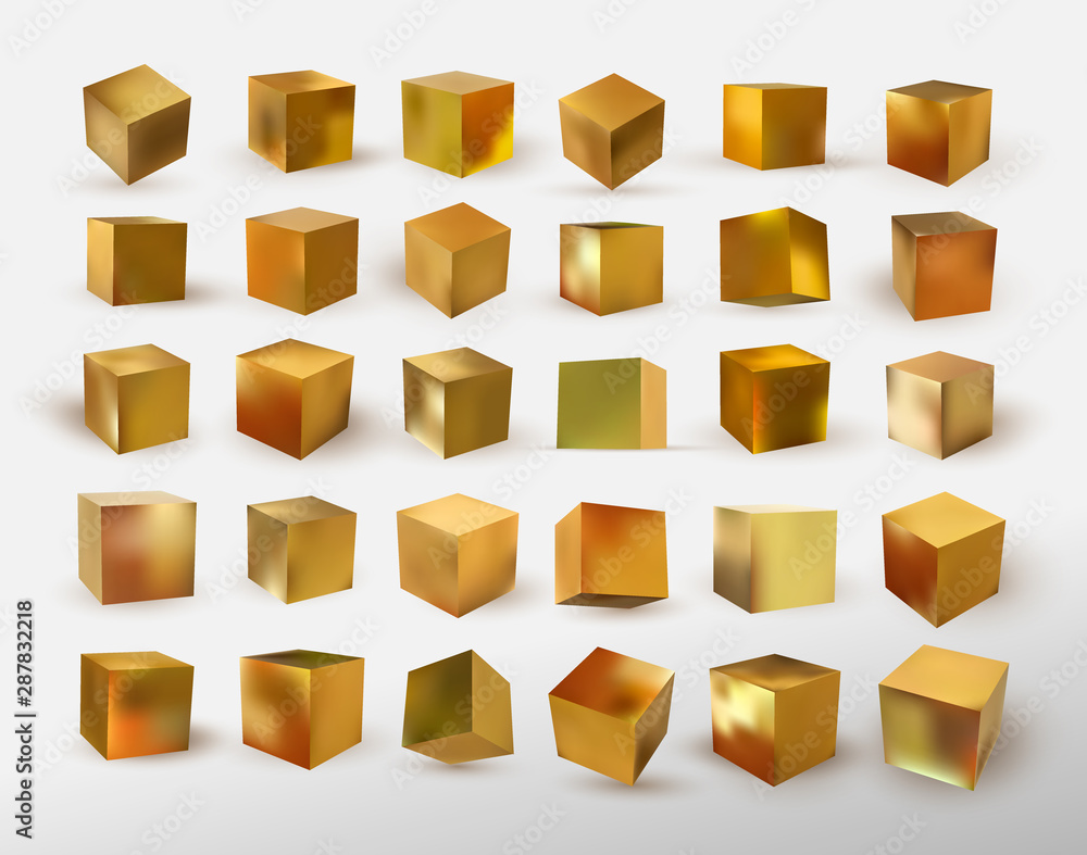 Set of cube in gold metallic. Realistic golden decorative design elements. Square geometric shapes. 3d objects cube-shaped yellow color. Vector illustration. Isolated on white background. Set of cube in gold metallic. Realistic golden decorative design elements. Square geometric shapes. 3d objects cube-shaped yellow color. Vector illustration. Isolated on white background.