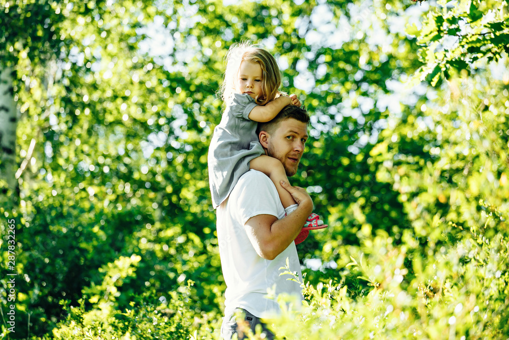 Dad carries his daughter on his shoulders across the field at sunset. Dad carries his daughter on his shoulders across the field at sunset.