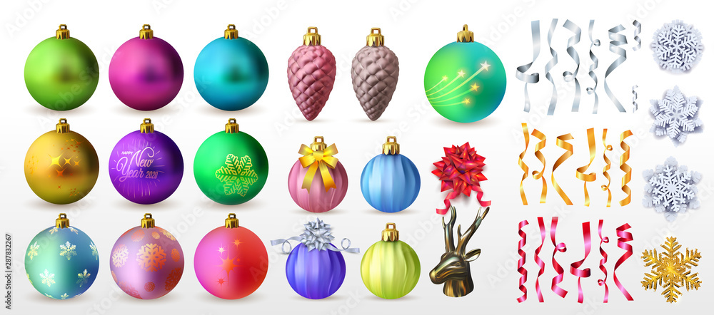 Set of Christmas balls background. Festive xmas decoration gold, pink, green and blue bauble and bright snowflake, hanging on the ribbon. Vector illustration. Isolated on white background.