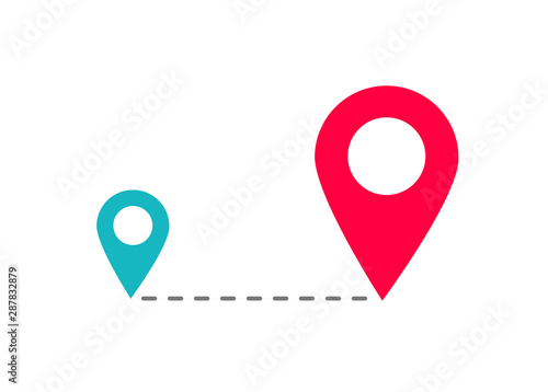 Two map pin pointers with tack path way dashed line vector symbol, flat cartoon route or relocation points sign, destination place distance, navigation position markers isolated photo
