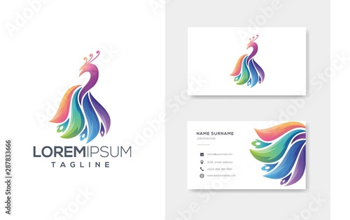 Colorfull abstract peacock logo design vector with business card design