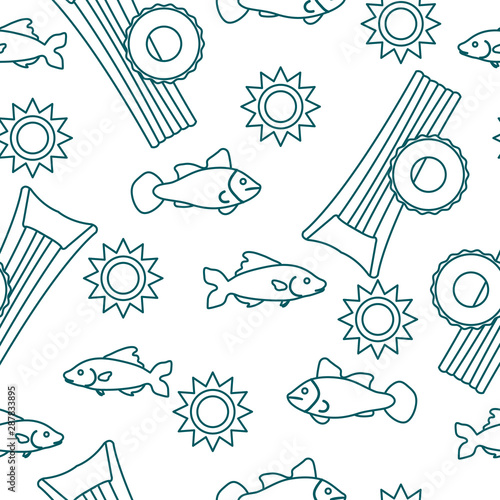 Pattern with fish, sun, inflatable mattress.