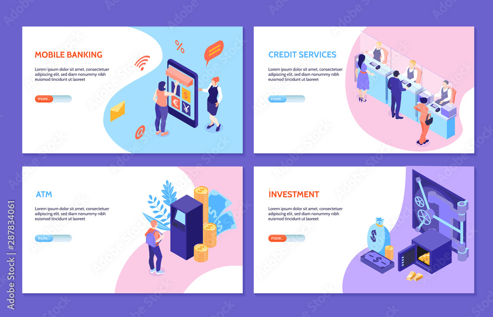 Bank Services Isometric Horizontal Banners Bank Services Isometric Horizontal Banners