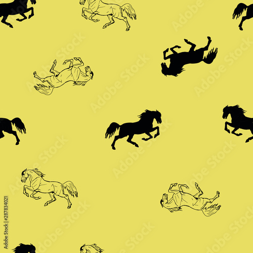 seamless monochrome halophilic horse background, ink drawing, silhouettes and contours, and white color background