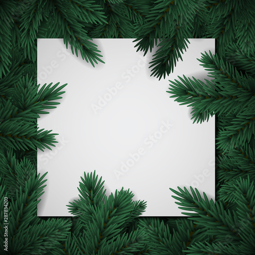 Christmas tree branches background. Holiday's Background Happy New Year. Christmas tree frame. Design for banner, post
