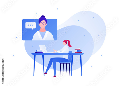 Vector flat doctor patient online conversation illustration. Female sitting and talking with medic on screen by laptop isolated on white. Concept of tele medicine. Design element for poster, web