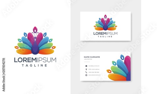 Colorfull abstract peacock logo design vector with business card design