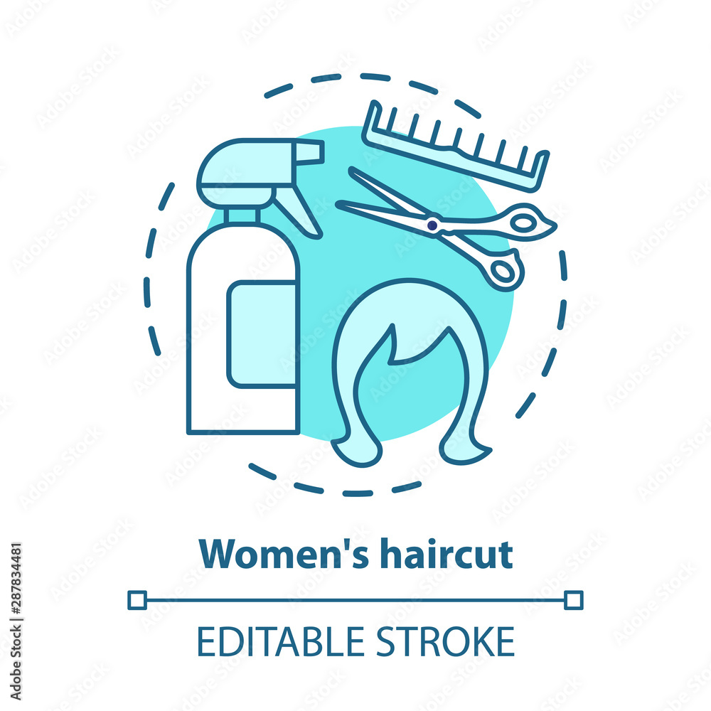 Women haircut blue concept icon. Hair care and treatment products. Hairstyling idea thin line illustration. Hairdresser equipment, hairstylist tools. Vector isolated outline drawing. Editable stroke