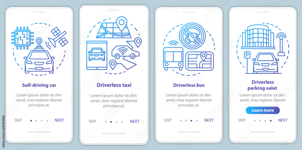 Driverless car industry onboarding mobile app page screen with linear concepts. Robotic self driving vehicle using walkthrough step graphic instructions. UX, UI, GUI vector template with illustrations