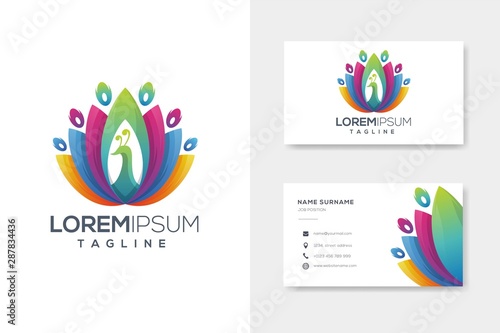 Colorfull abstract peacock logo design vector with business card design