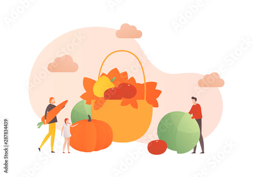 Vector flat hello autumn illustration. Cozy family modern style characters in autumn cloth with harvest basket of vegetables isolated on white. Design element for banner  poster  advertisment  web