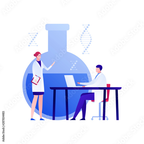 Vector flat genetic science illustration. Male and female character in white coat uniform with big laboratory tube and dna spiral sign. Concept of gene study, engineering, innovation, pharmacology.