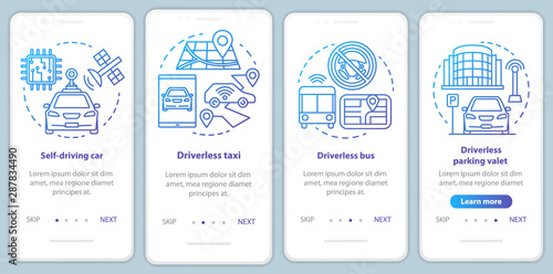 Driverless car industry onboarding mobile app page screen with linear concepts. Robotic self driving vehicle using walkthrough step graphic instructions. UX, UI, GUI vector template with illustrations
