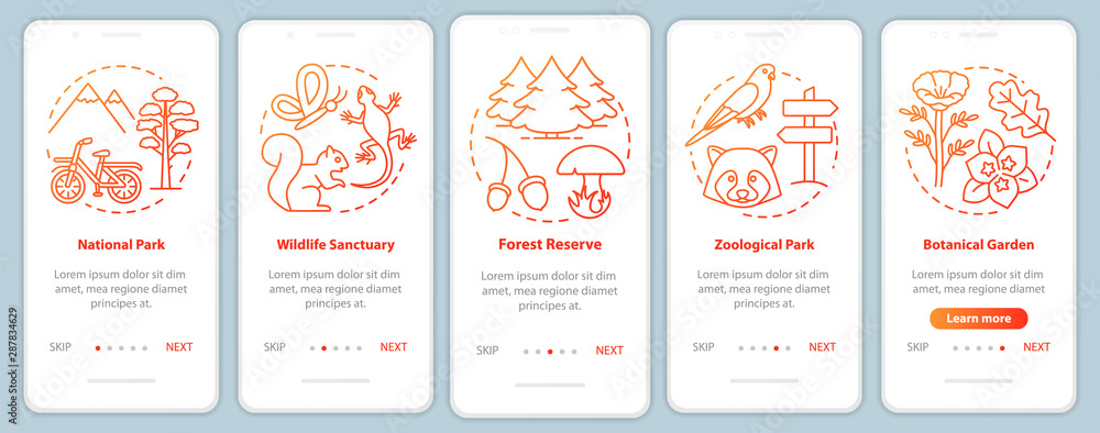 Protected areas for biodiversity red onboarding mobile app page screen ...