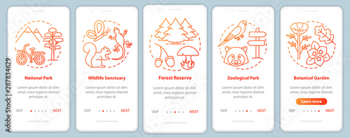 Protected areas for biodiversity red onboarding mobile app page screen vector template. Botanical garden. Walkthrough website steps with linear illustrations. UX, UI, GUI smartphone interface concept