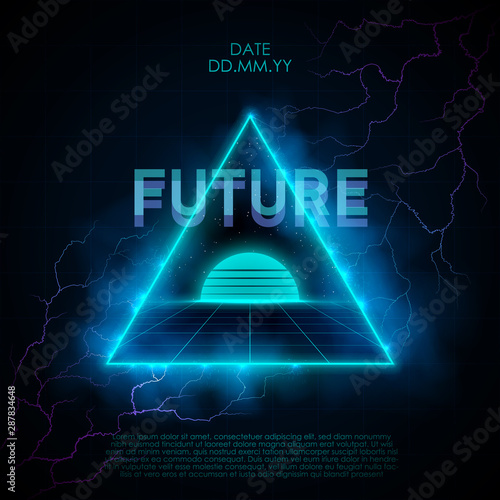 Retrowave style illustration with neon triangle portal leading to retrofuturistic place with laser grid, sunset and starry space. Violet-blue lightning strikes in a neon triangular shape.